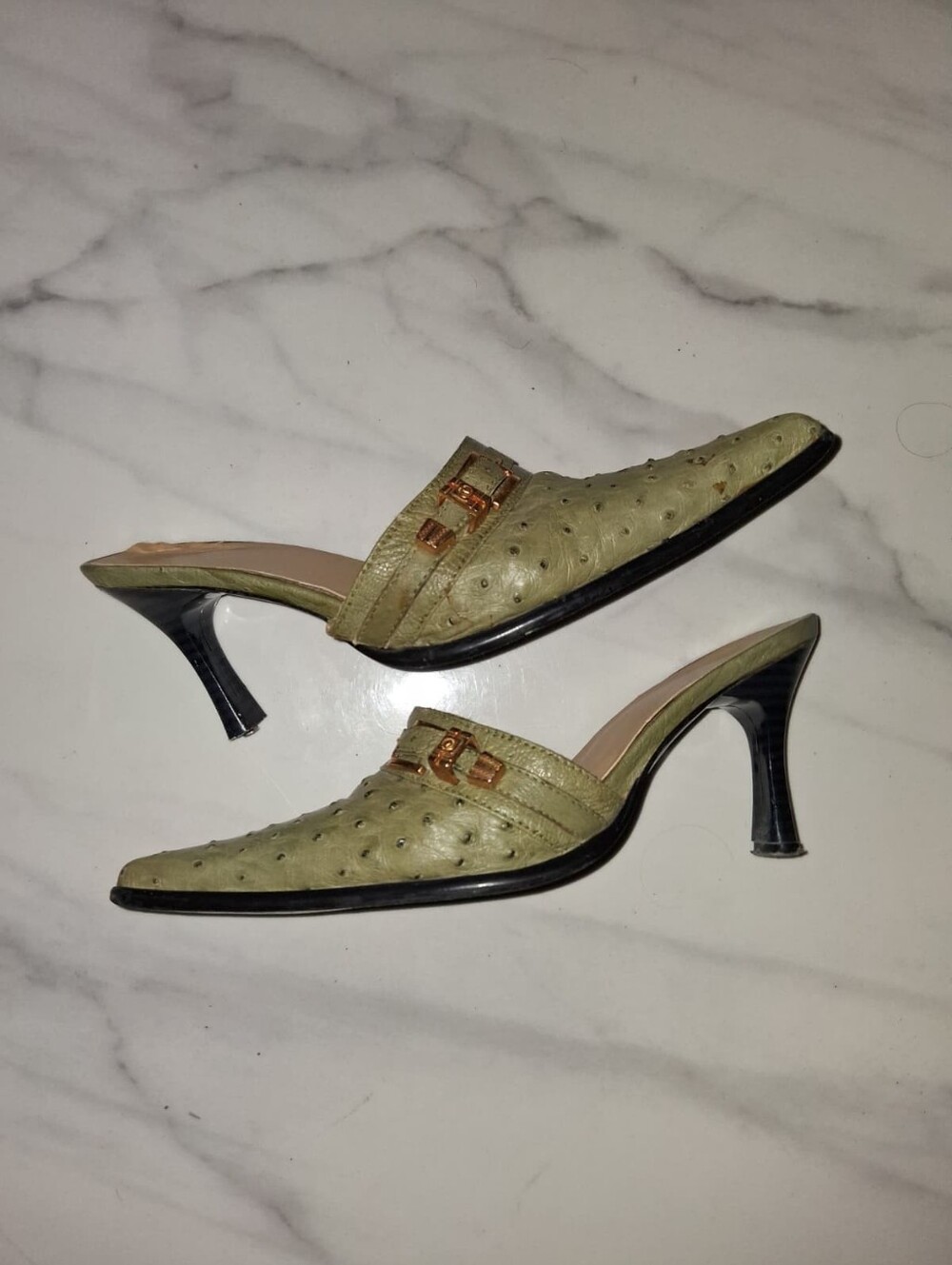 Exotic Ostrich LeatherWomen’s Pointed Toe Mule in Olive Green with Gold Buckle